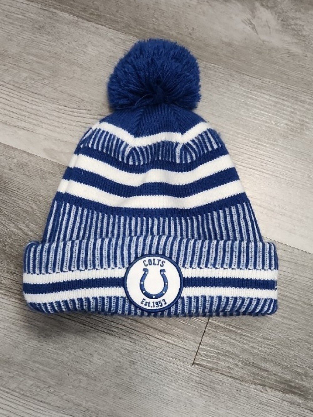 New Era Indianapolis Colts Knit Beanie Cap Blue White Stripes Grey Fleece Lined